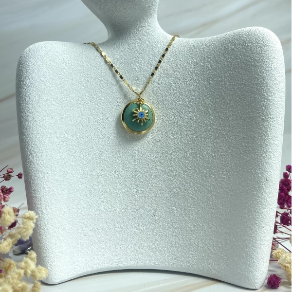 Yellow Gold Necklace and Pendent Adorned with a Round Turquoise Stone Like a Gemstone and Evil Eye